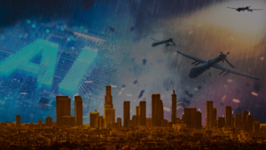 City skyline at dusk in heavy rain, with three aircrafts flying overhead and a glowing digital city overlay on the left.